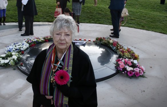 Shirley Shackleton at the war correspondents’ memorial at the Australian War Memorial in Canberra  on October 16, 2015 - the 40th anniversary of the deaths of the Balibo Five. 