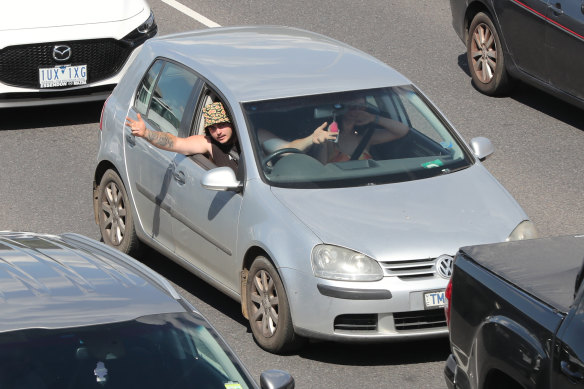 Frustration is evident on the face of this man stuck in traffic on the West Gate freeway.