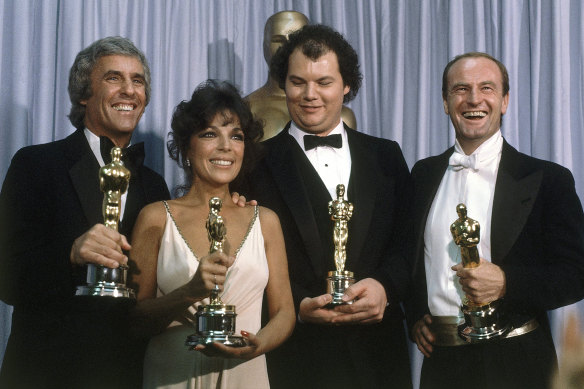 Burt Bacharach, from left, appears with Carole Bayer Sager, Christopher Cross and Peter Allen, winners of the Oscar for best original song “Arthur’s Theme (Best That You Can Do)” at the 54th Annual Academy Awards in 1982.