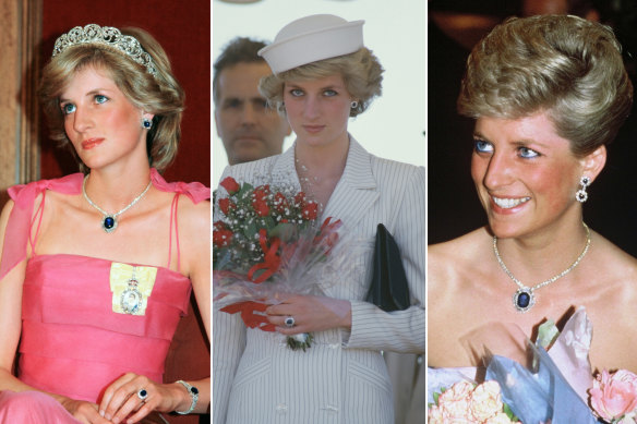 Diana made sapphires her signature, including on visits to Australia in (from left) 1983, 1985 and 1988.