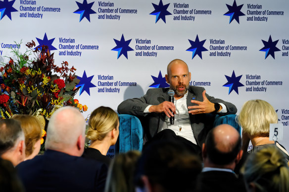 Games organiser Jeroen Weimar speaking at the Victorian Chamber of Commerce and Industry lunch. 