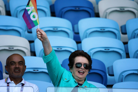 Tennis legend Billie Jean King joins in at the Glam Slam finals on Pride Day at Melbourne Park.