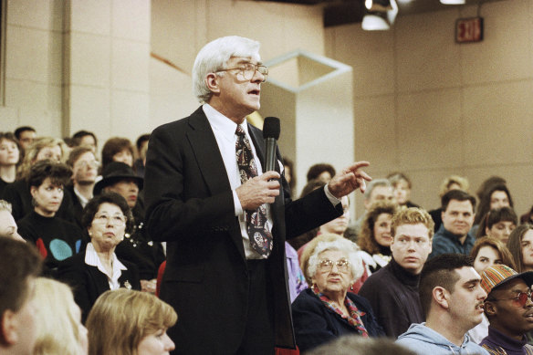 Phil Donahue hosts his television show in New York in 1993.