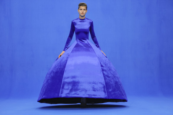 A model wears a Balenciaga dress in Classic Blue,  Pantone's colour of 2020.