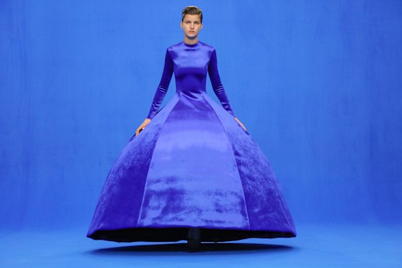 A model wears a Balenciaga dress in Classic Blue,  Pantone's colour of 2020.