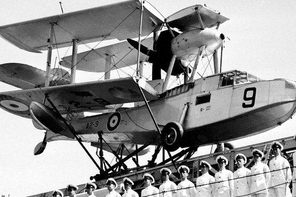 A naval aircraft on the HMAS Canberra in 1938.