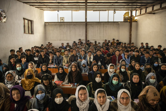 Students at Mawoud Academy in Kabul, Afghanistan, on March 10, 2021. 