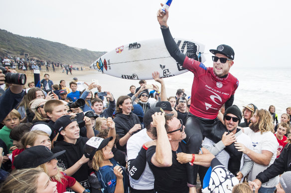 World Champion Mick Fanning celebrates his retirement at Bells Beach in 2018.