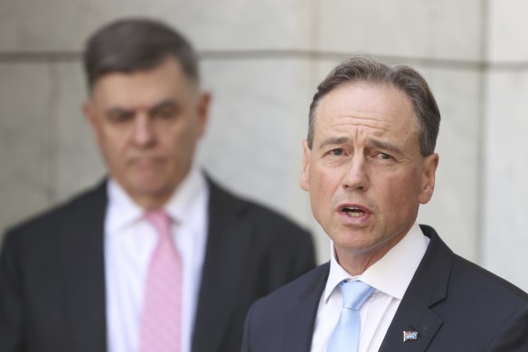 Health Minister Greg Hunt during a press conference at Parliament House in Canberra on  Thursday.