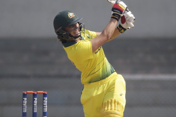 Aggressive: Ashleigh Gardner bats against India during the Women's T20 Triangular Series in Mumbai in March.