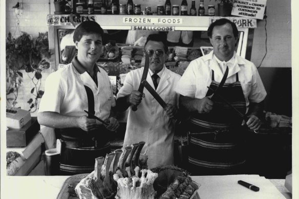 From left to right: Clayton Wright, Terry Wright and Barry Rutter at Terry Wright’s butchery in Randwick in 1988.
