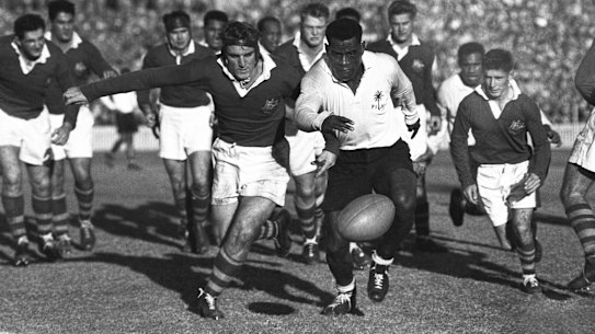 Action from the second Test between Australia and Fiji at the SCG on June 26, 1954.