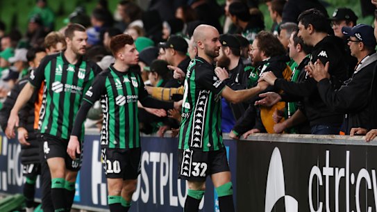Western United thanking fans after the A-League men’s semi-final match against Melbourne City in 2025 – one of the last times they played.