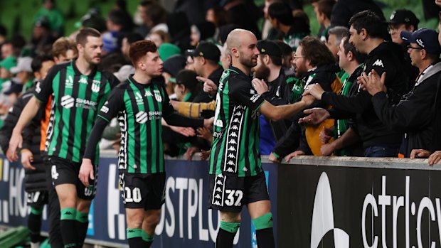 Western United thanking fans after the A-League men’s semi-final match against Melbourne City in 2025 – one of the last times they played.