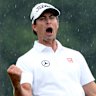 Adam Scott celebrates a birdie during the 2013 Masters Tournament at Augusta, which he won.