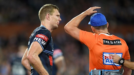 Tom Trbojevic is sent from the field for an HIA in Adelaide.