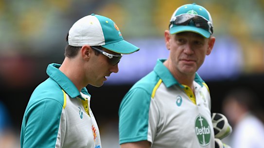 Pat Cummins and Andrew McDonald at the Gabba in December.