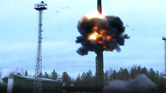 In this handout photo taken from video released by Russian Defense Ministry Press Service on Wednesday, Oct. 26, 2022, A Yars intercontinental ballistic missile is test-fired as part of Russia’s nuclear drills from a launch site in Plesetsk.
