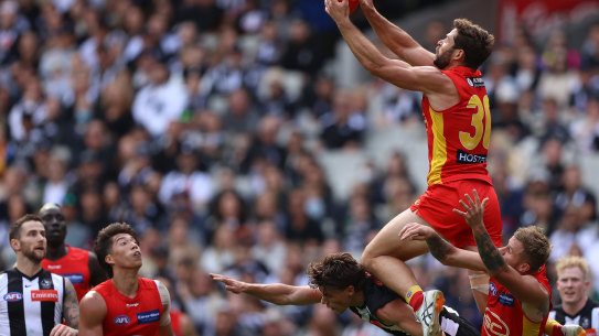 Levi Casboult flies high against the Magpies.