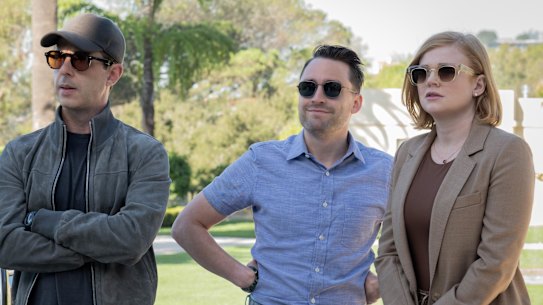 Kendall Roy (Jeremy Strong), Roman Roy (Kieran Culkin) and Shiv Roy (Sarah Snook) in Succession.