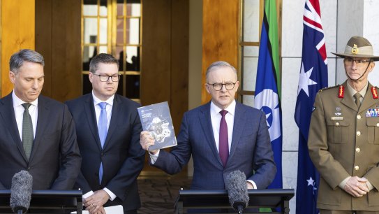 From left, Defence Minister Richard Marles, Defence Industry Minister Pat Conroy, Prime Minister Anthony Albanese and Chief of the Defence Force General Angus Campbell.