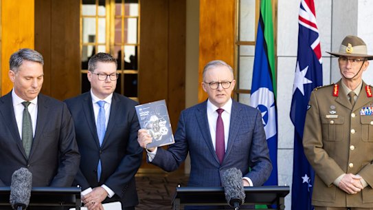 From left, Defence Minister Richard Marles, Defence Industry Minister Pat Conroy, Prime Minister Anthony Albanese and Chief of the Defence Force General Angus Campbell.