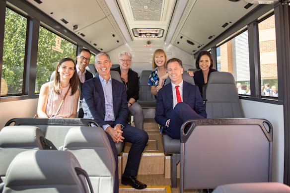 Chris Minns boarded his bus with Labor colleagues (from left) Courtney Houssos, Daniel Mookhey, John Graham, Penny Sharpe, Jo Hayden, and deputy leader Prue Car last Sunday.