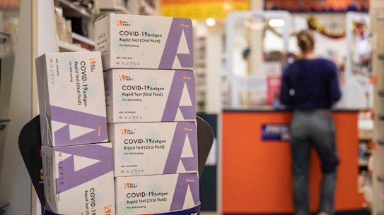 A stockpile of COVID-19 rapid antigen tests on display at Southon’s Chemist in Sydney.