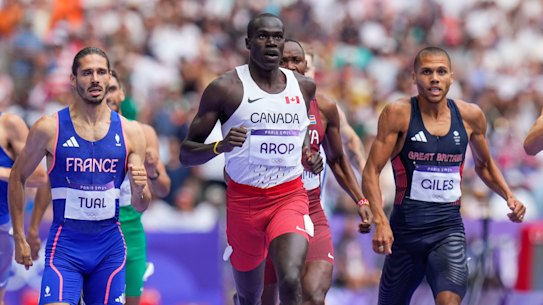 Marco Arop, of Canada, wins a men’s 800-meter semifinal at the 2024 Summer Olympics, Friday, Aug. 9, 2024, in Saint-Denis, France. (AP Photo/Petr David Josek)