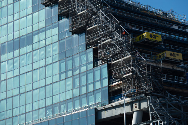 The Ribbon back in July 2020 seven months after Grocon’s collapse. Work has progressed since then but the collapse of the project’s replacement builder Probuild brought work again to a stop. 
