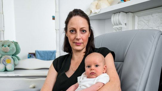 Kerry Kempton with her newborn son Laith, weeks after giving birth while in isolation at the Royal Women’s Hospital.