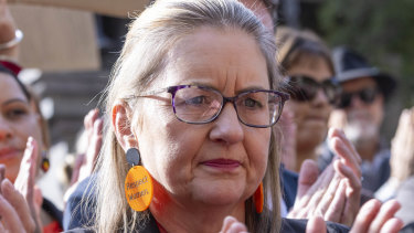 Premier Jacinta Allan at the women’s safety protest in the CBD on Sunday morning.
