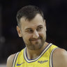 Bogut, in a game for the Golden State Warriors against the Denver Nuggets in 2019.