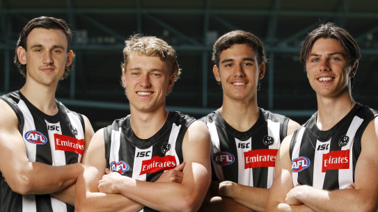 From left, Liam McMahon, Fin Macrae, Reef McInnes and Oliver Henry, part of the Magpies’ crop of young talent from the 2020 draft.