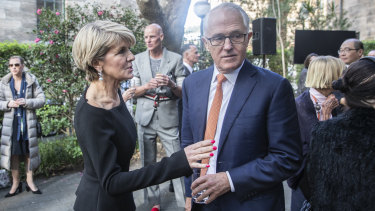 Crossing paths: Former foreign minister Julie Bishop and former prime minister Malcolm Turnbull at Martyn Cook's memorial service on Thursday.