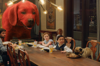 Jack Whitehall, from left, Darby Camp and Izaac Wang in Clifford the Big Red Dog.