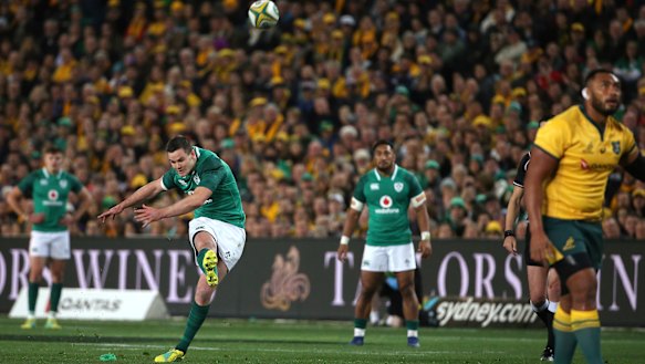 Johnny Sexton kicks one of his five penalties for the night.