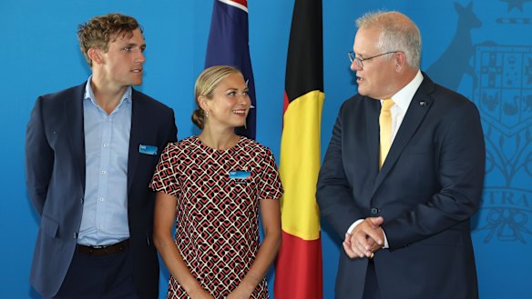 Australian of the Year Grace Tame and Prime Minister Scott Morrison during a morning tea on Monday before her win was announced.
