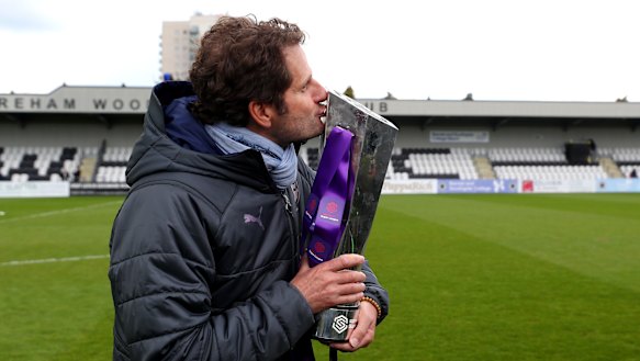 Joe Montemurro with the 2018–19 Women’s Super League trophy.