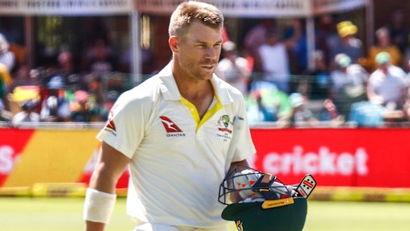 David Warner leaves the field after losing his wicket on the third day of the second Test against South Africa.