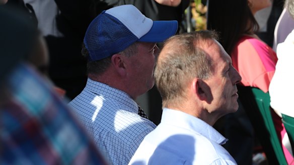 Former prime minister Tony Abbott, right, and former Nationals leader Barnaby Joyce  at the anti-abortion rally at Hyde Park.