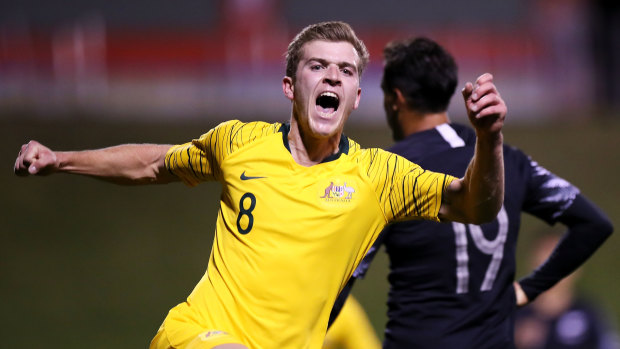 Riley McGree scores for the Olyroos against New Zealand.