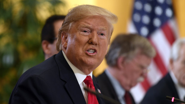 President Donald Trump speaks as he meets with Saudi Arabia Crown Prince Mohammed bin Salman during a working breakfast on the sidelines of the G-20 summit in Osaka, Japan.