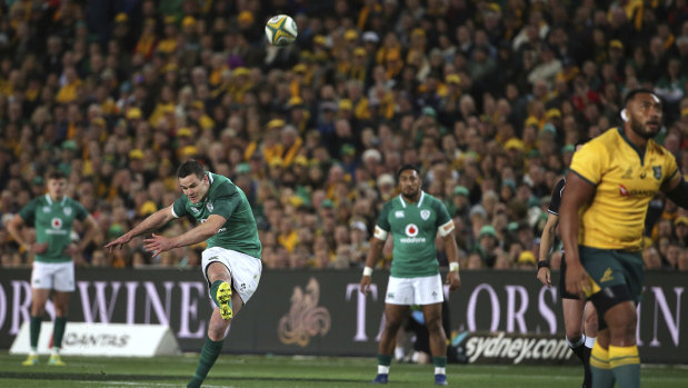 Johnny Sexton kicks a penalty against the Wallabies during their clash in 2018 at Allianz Stadium in front of 44,085 fans. 