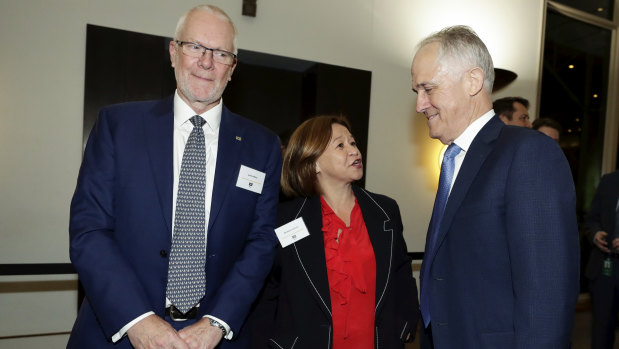 ABC chair Justin Milne, then ABC managing director Michelle Guthrie and then Prime Minister Malcolm Turnbull during the ABC showcase event at Parliament House in Canberra in mid August.