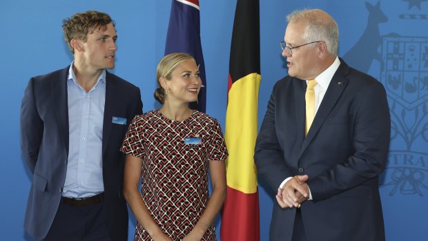 Australian of the Year Grace Tame and Prime Minister Scott Morrison during a morning tea on Monday before her win was announced.