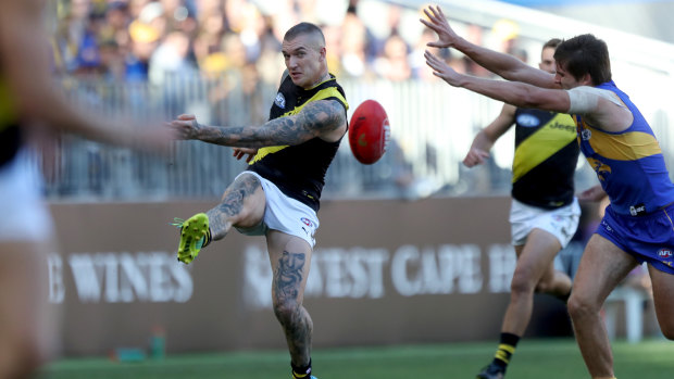 Leading the charge: Dustin Martin helped the Tigers level proceedings in the second term.
