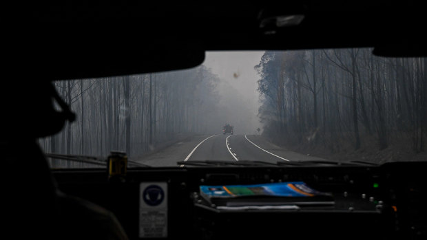 A view of the Princes Highway from an Australian Defence Force convoy  on January 15. 