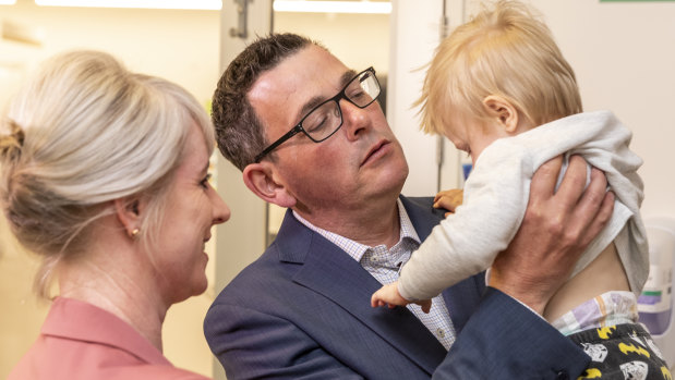 Premier Daniel Andrews and his wife, Catherine, meet Cody Davis at Monash Children's Hospital earlier this month. 