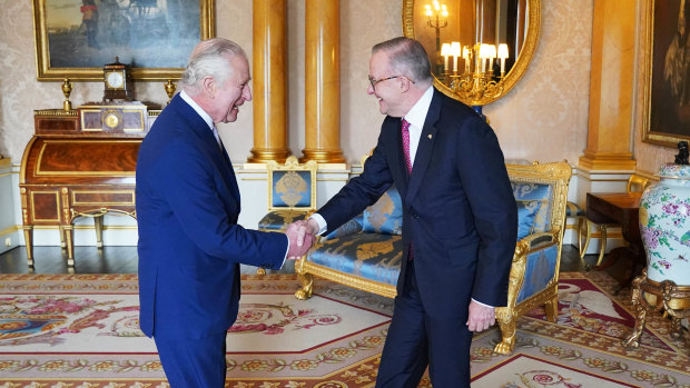 King Charles III with Prime Minister Anthony Albanese at Buckingham Palace on May 2.